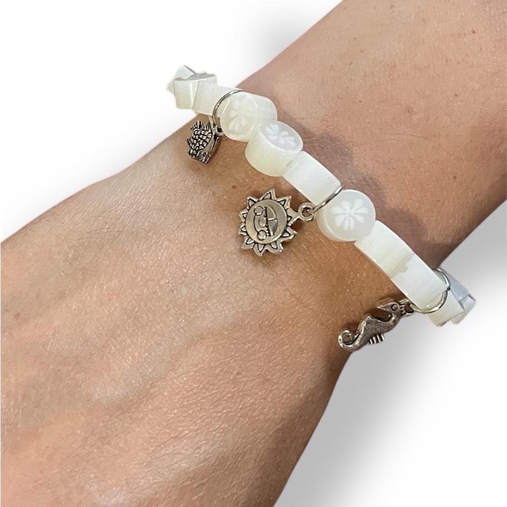 Elegant White Recycled Beads Bracelet with Silver Charms